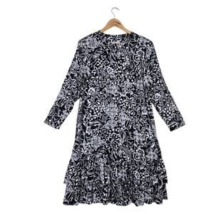 Vintage Midi Dress Black White Abstract Art To Wear Print Ruffle Hem Eclectic